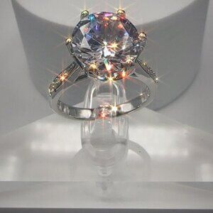 Round Cut Simulated Diamond Engagement Ring With Pave Band In Silver Tone 4CT